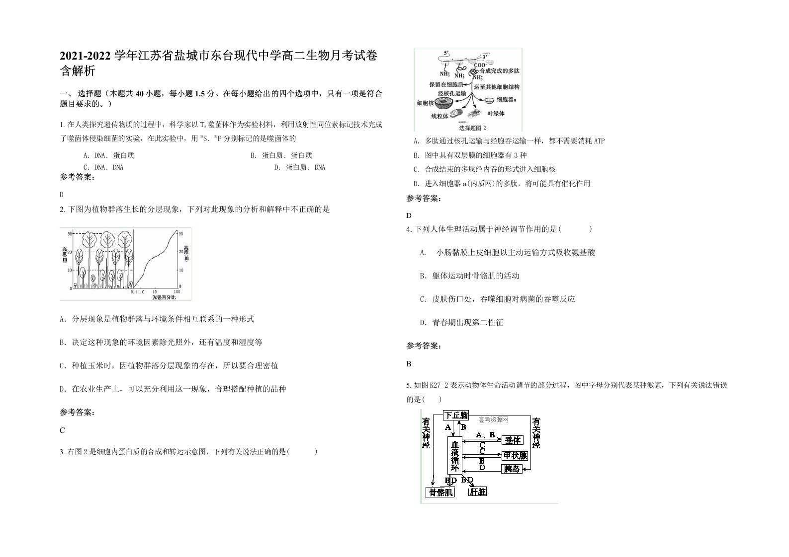 2021-2022学年江苏省盐城市东台现代中学高二生物月考试卷含解析