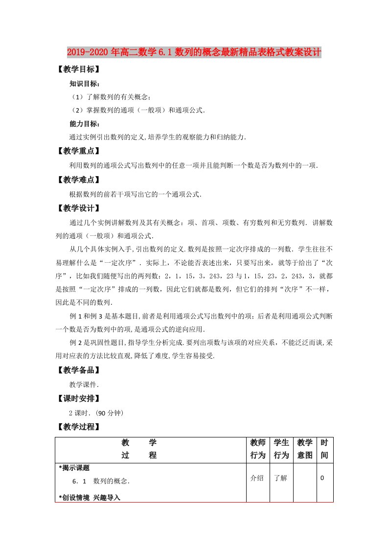 2019-2020年高二数学6.1数列的概念最新精品表格式教案设计