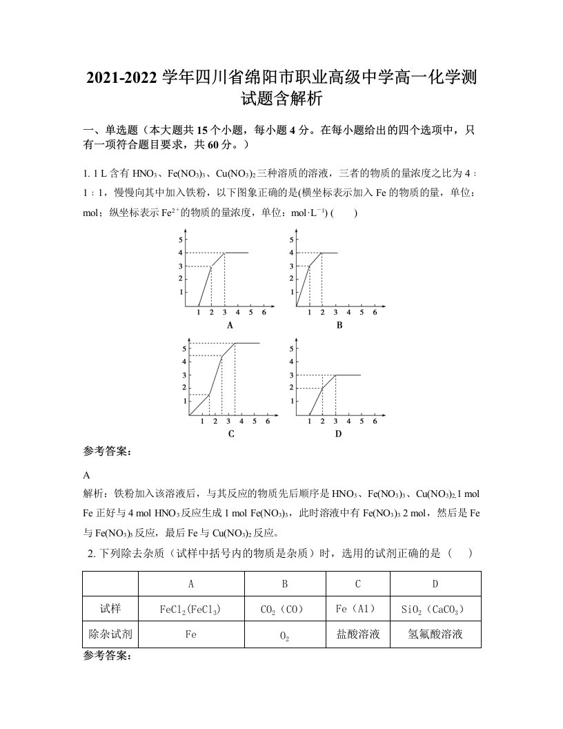 2021-2022学年四川省绵阳市职业高级中学高一化学测试题含解析