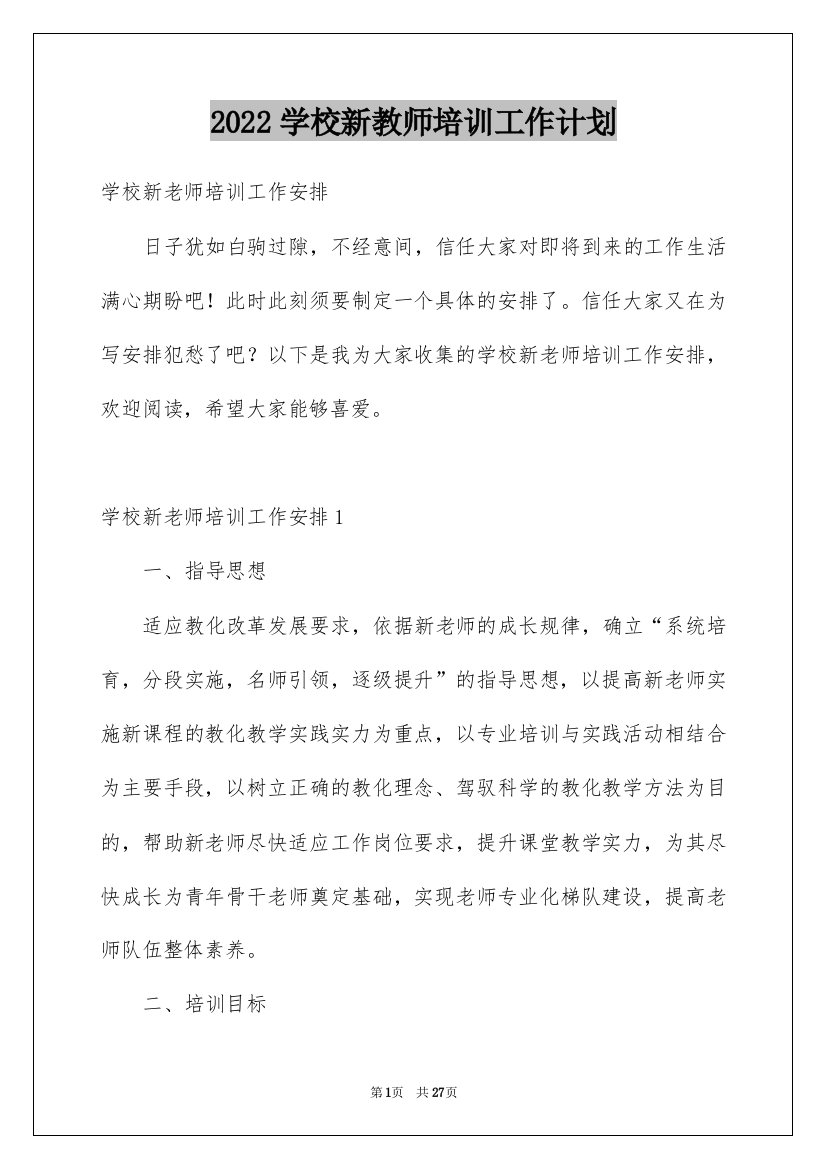 2022学校新教师培训工作计划