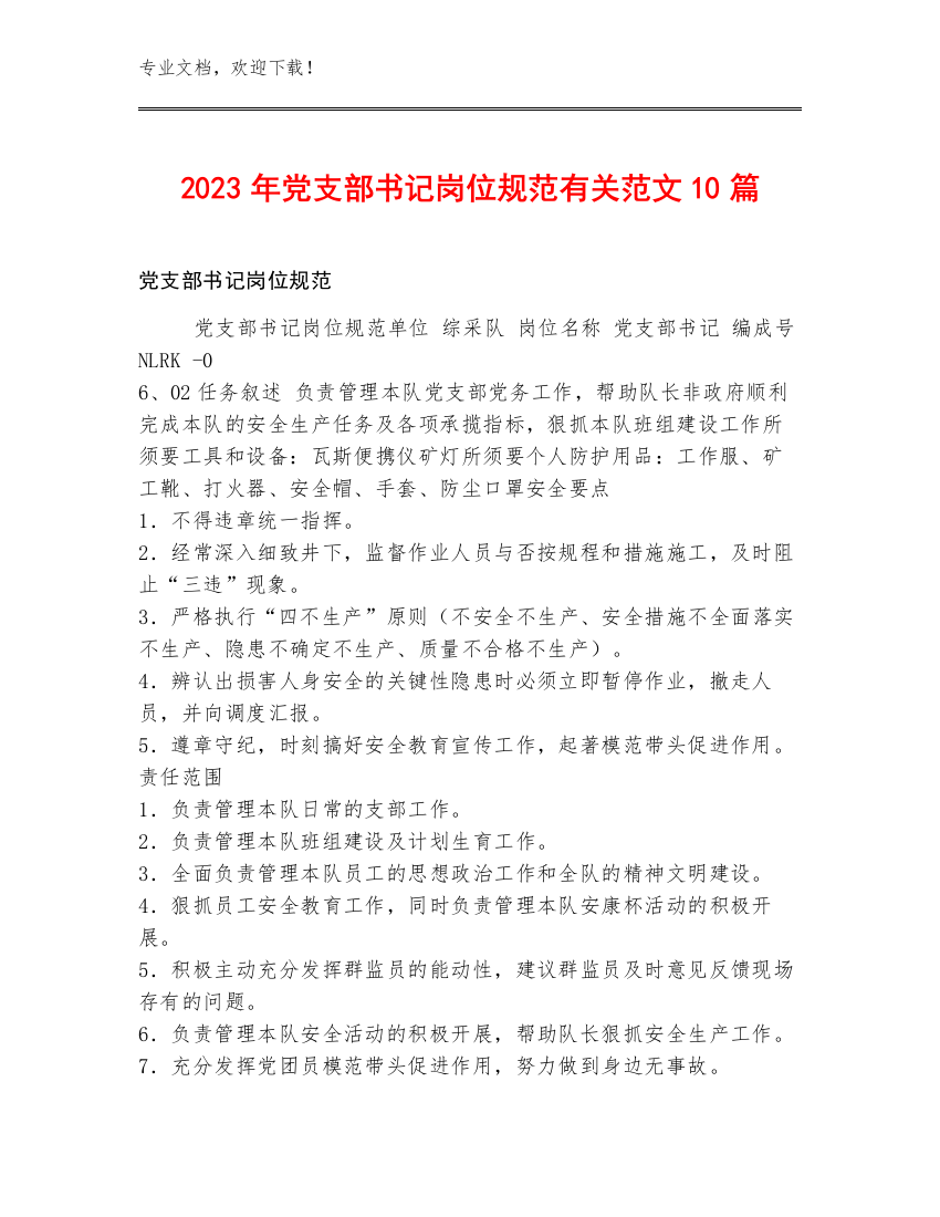 2023年党支部书记岗位规范范文10篇