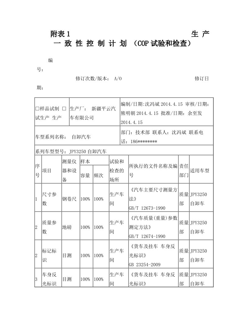 自卸车+生产一致性控制计划用表(中心推荐申请表格式样)