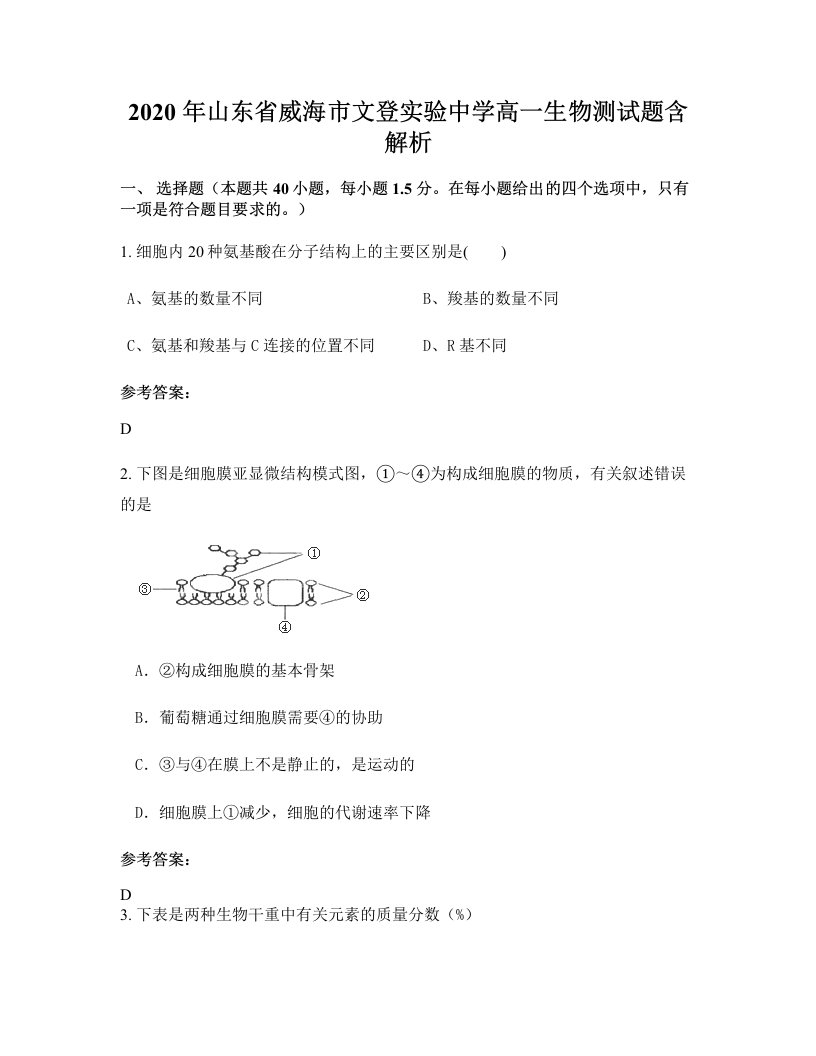 2020年山东省威海市文登实验中学高一生物测试题含解析