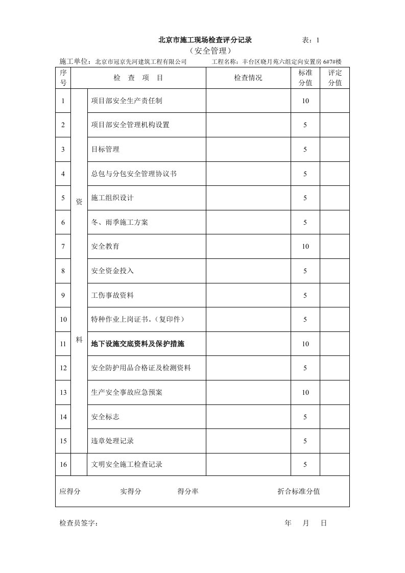 北京市施工现场检查评分记录(安全管理）