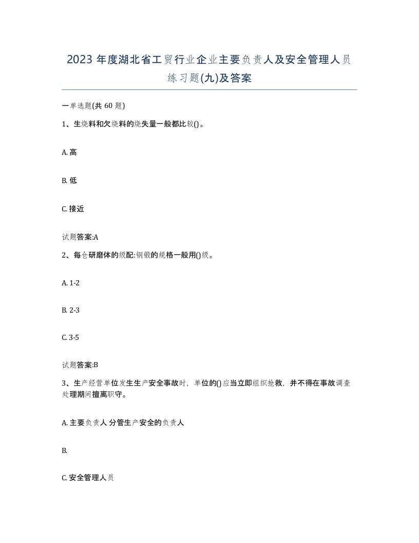 2023年度湖北省工贸行业企业主要负责人及安全管理人员练习题九及答案