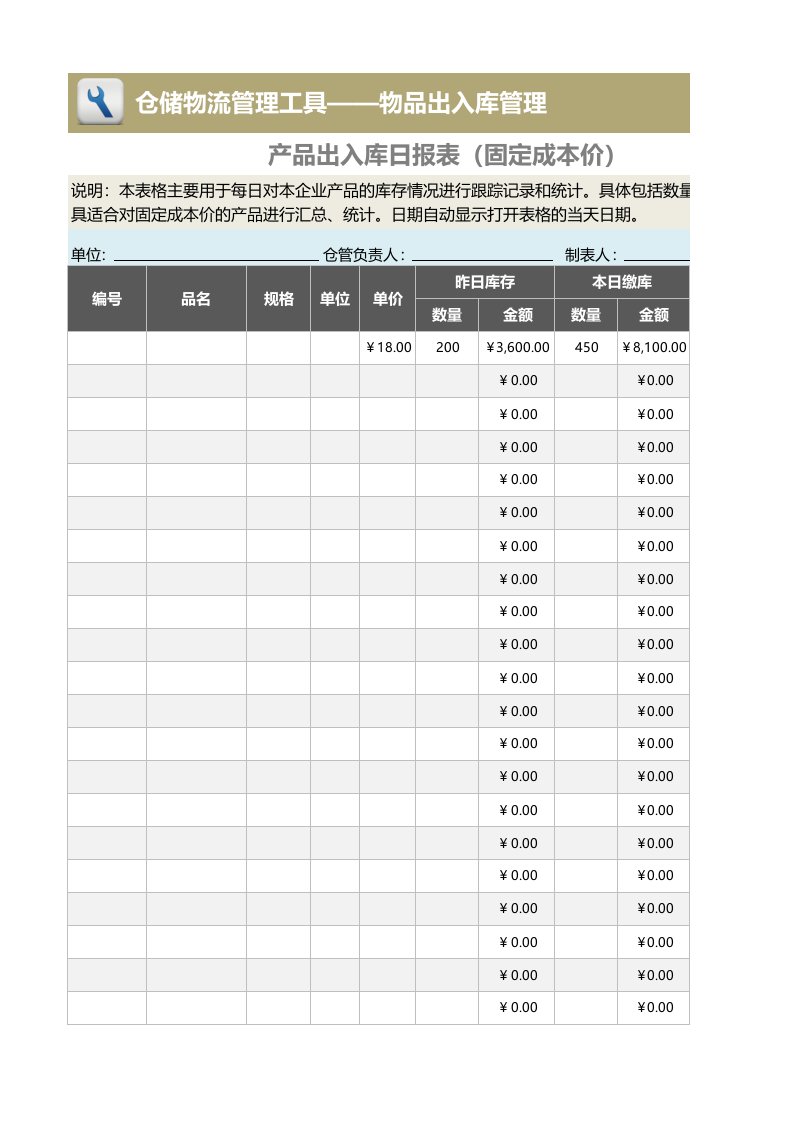 产品出入库日报表(简版，适合固定成本价产品)