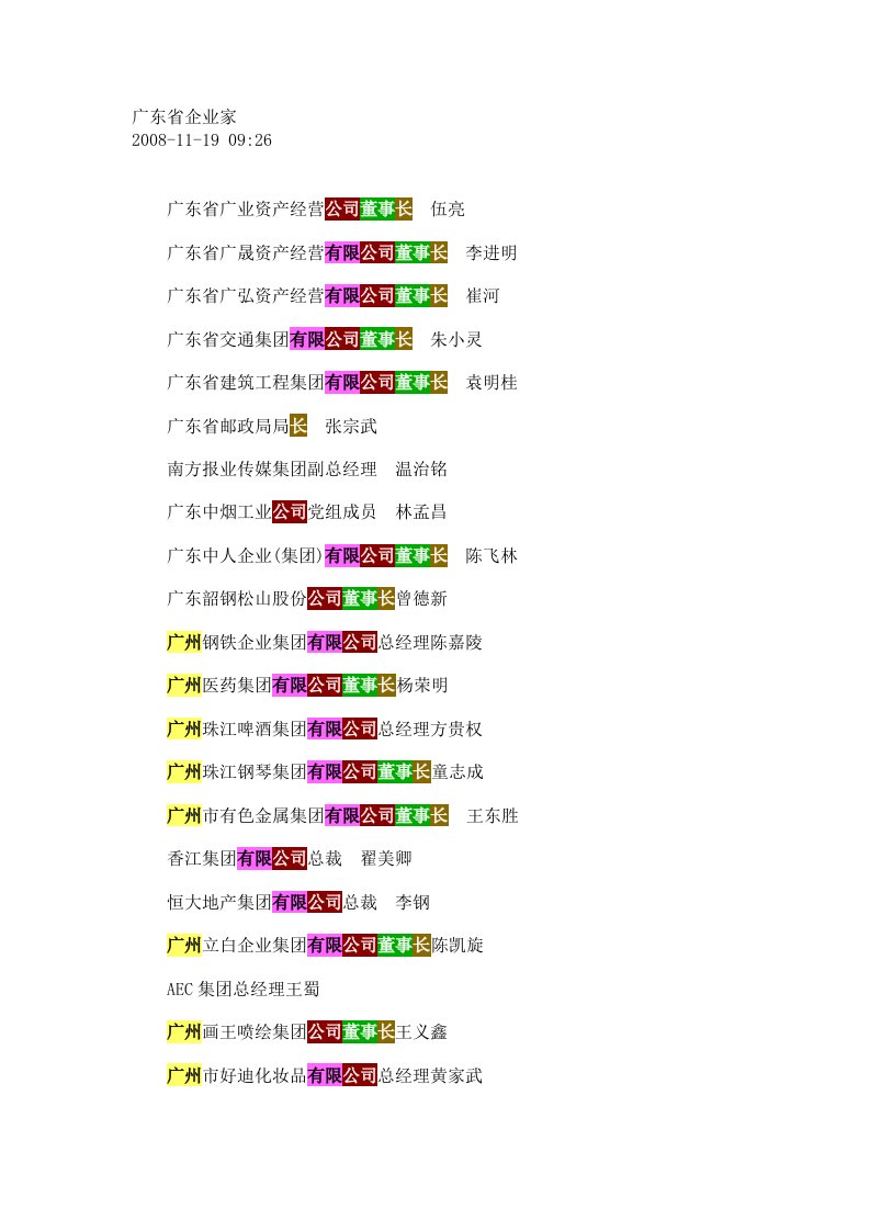 广东省企业家名录