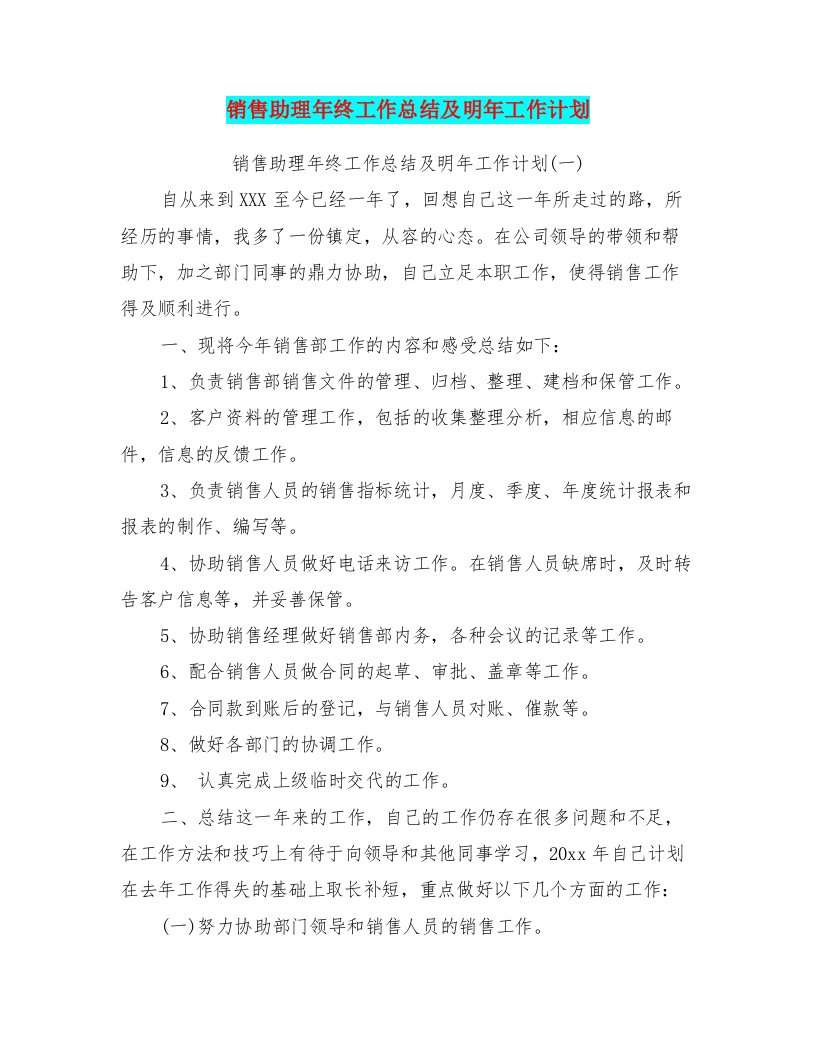 销售助理年终工作总结及明年工作计划