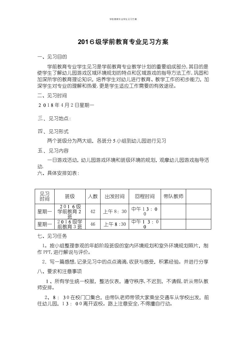 学前教育专业学生见习方案