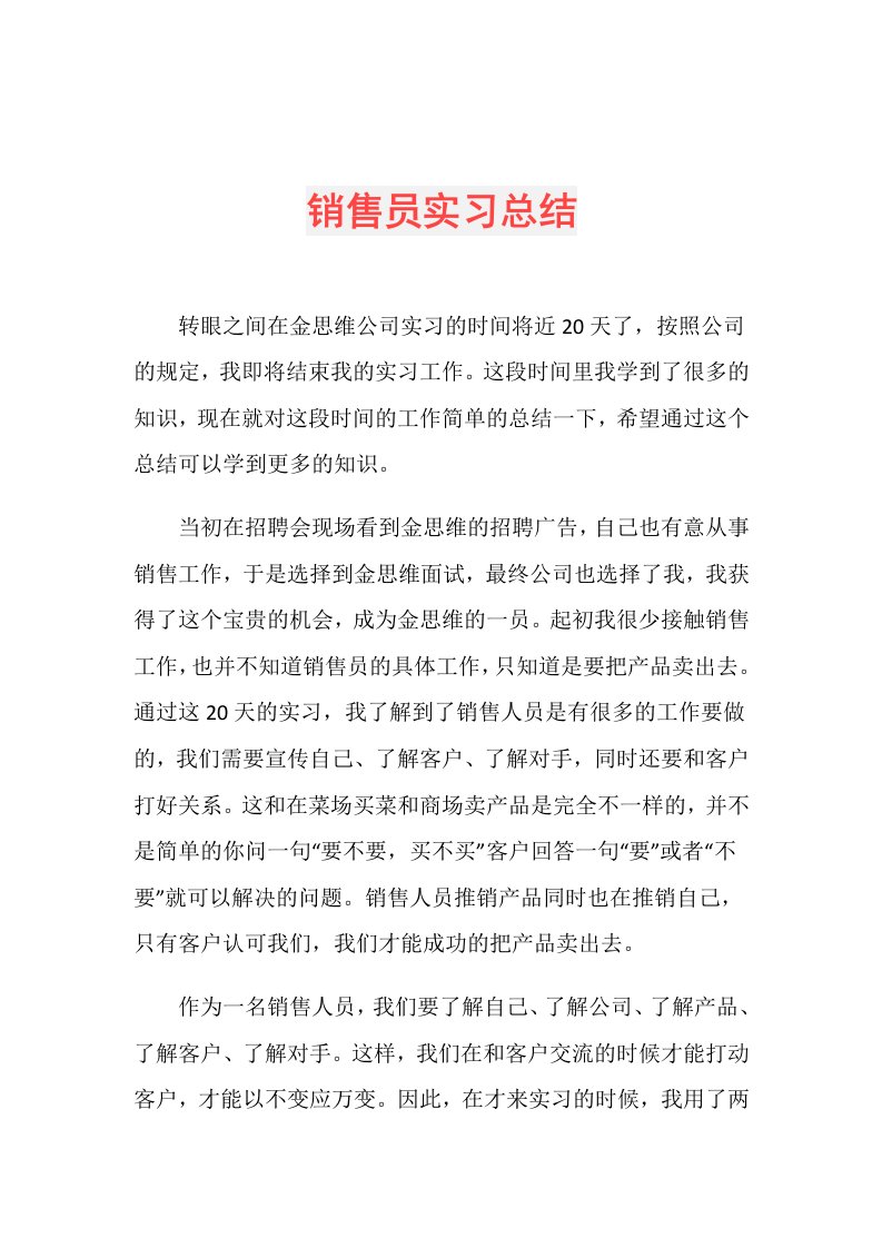 销售员实习总结