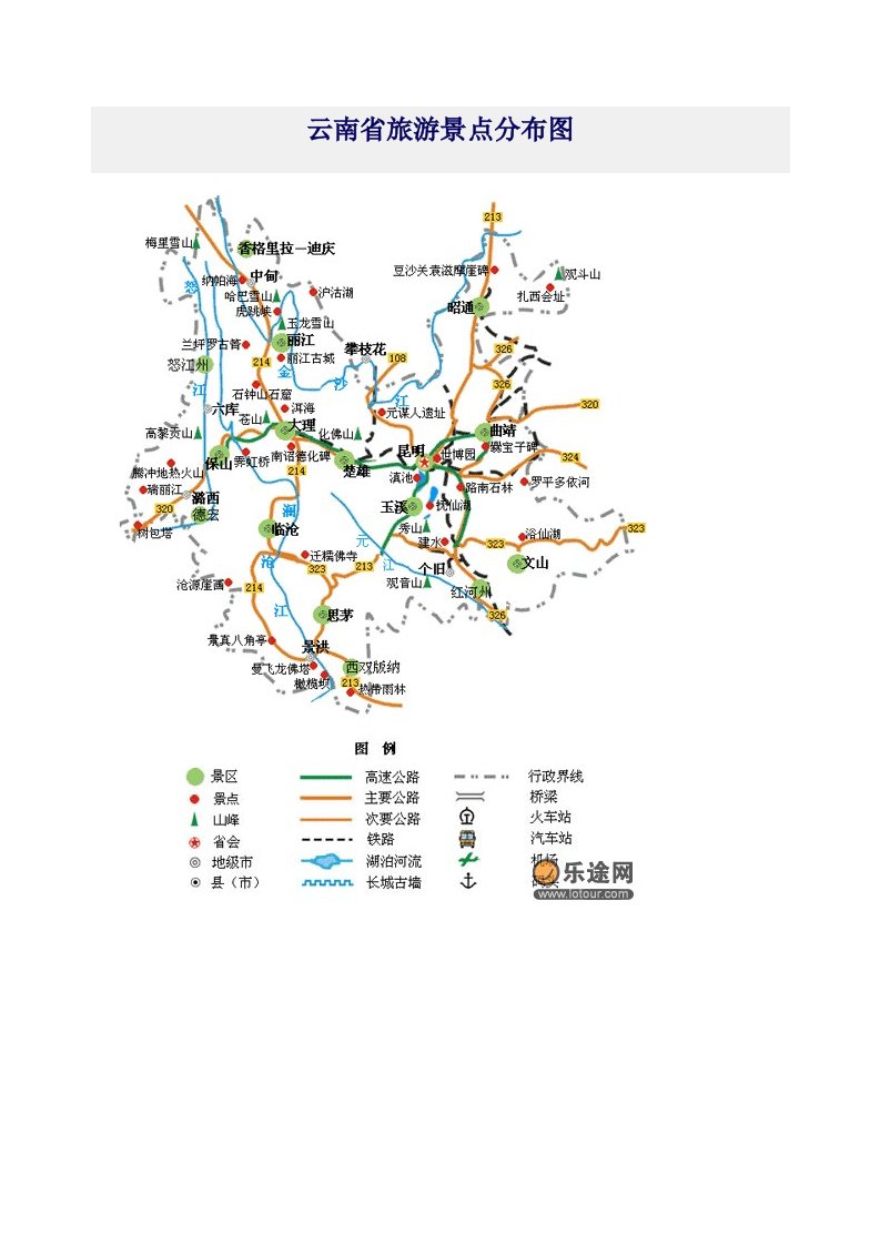 云南省旅游景点分布图