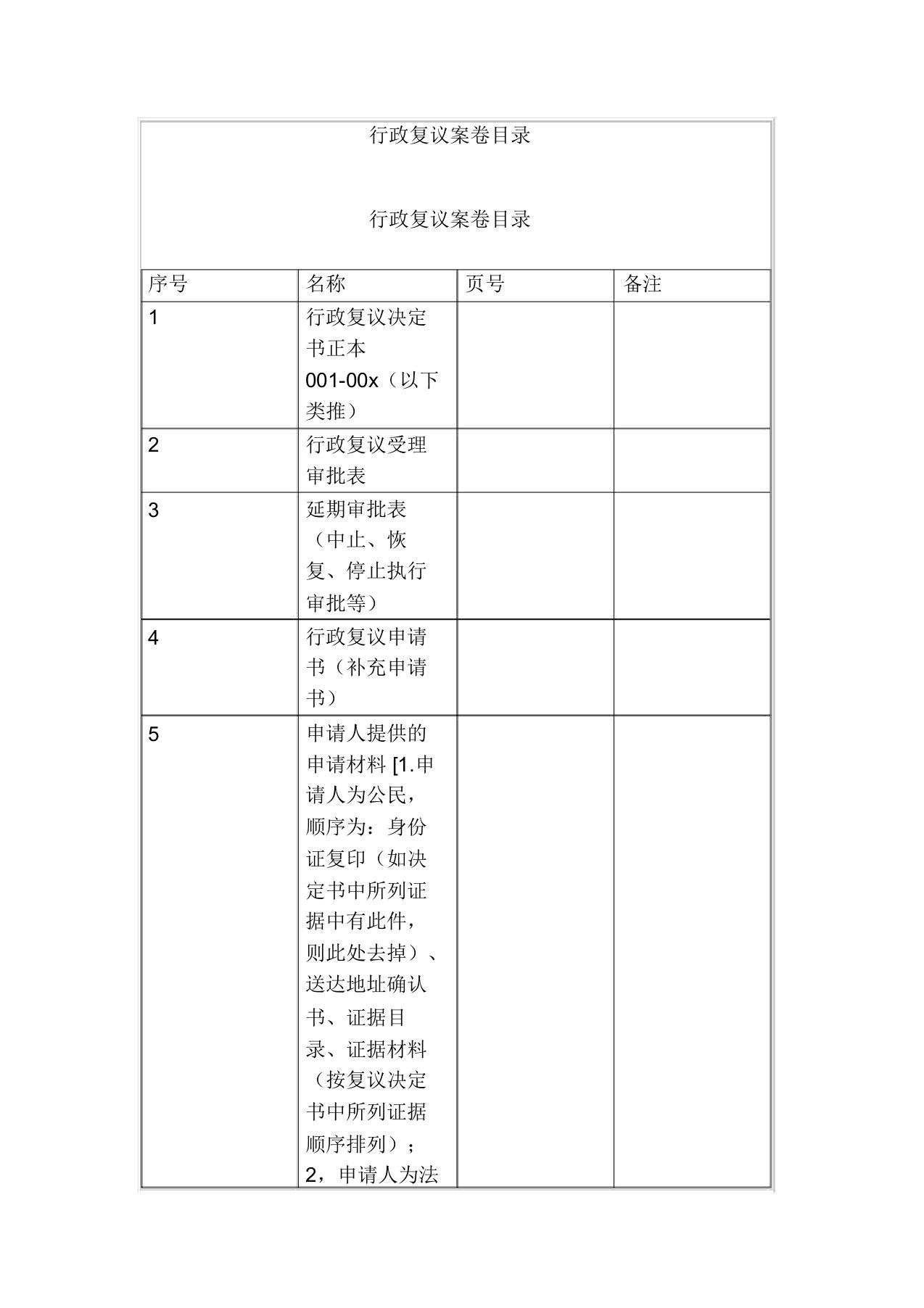 行政复议案卷目录