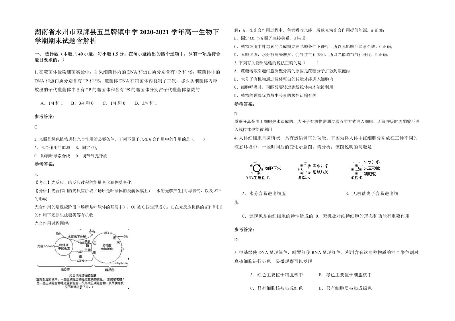 湖南省永州市双牌县五里牌镇中学2020-2021学年高一生物下学期期末试题含解析