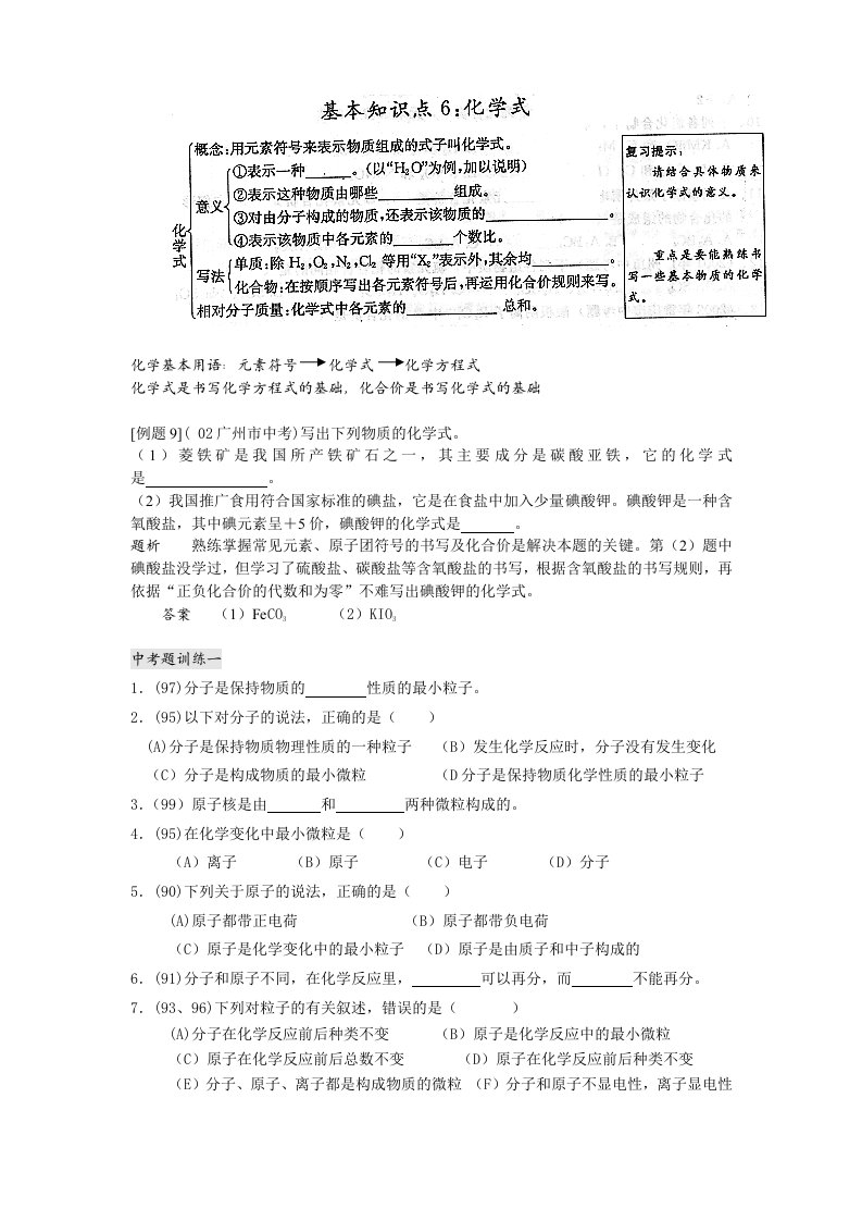 中考化学专题复习-化学式