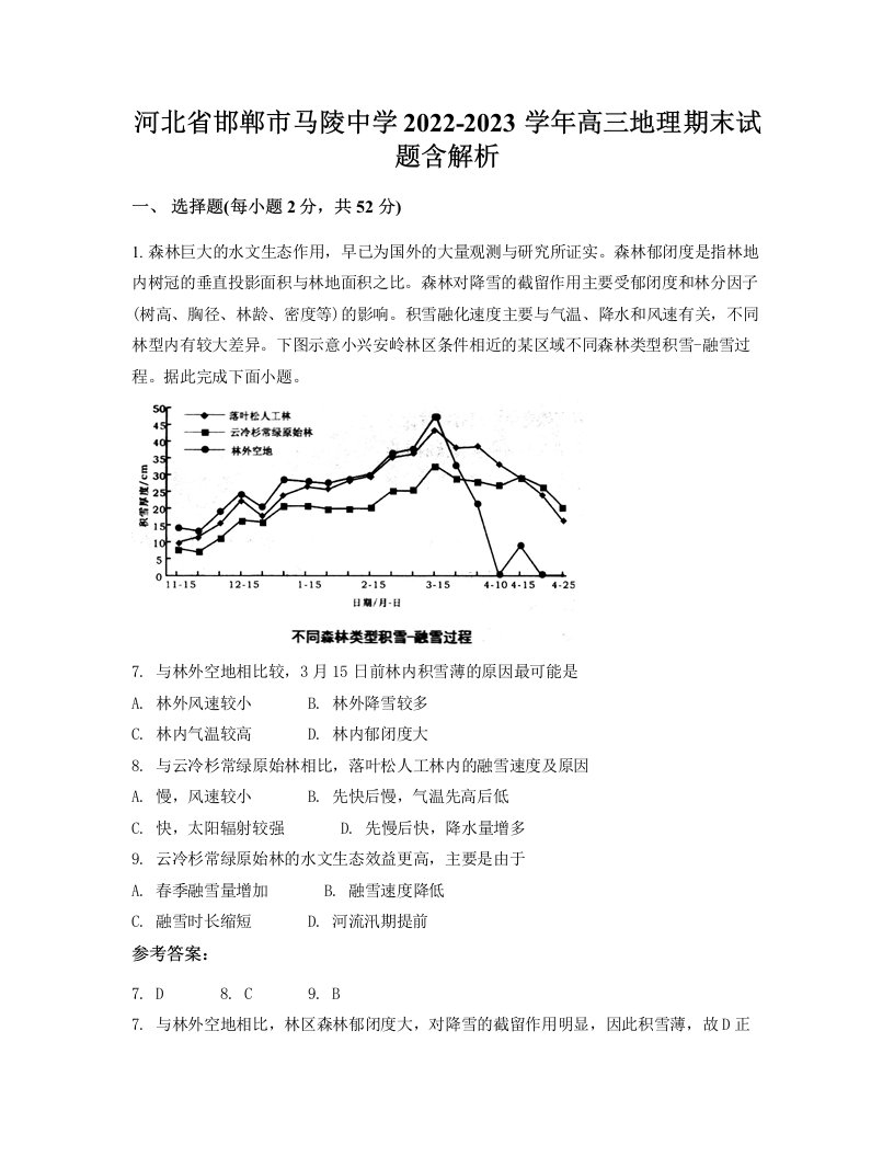 河北省邯郸市马陵中学2022-2023学年高三地理期末试题含解析