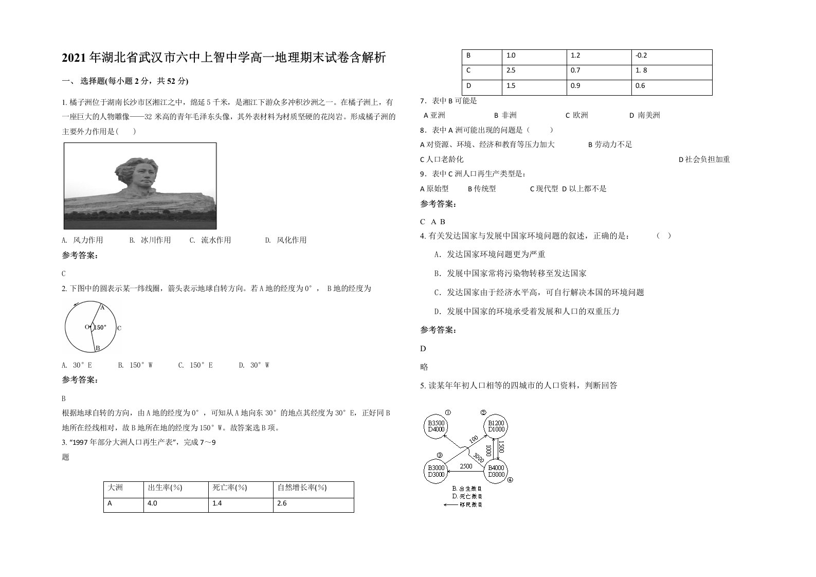 2021年湖北省武汉市六中上智中学高一地理期末试卷含解析