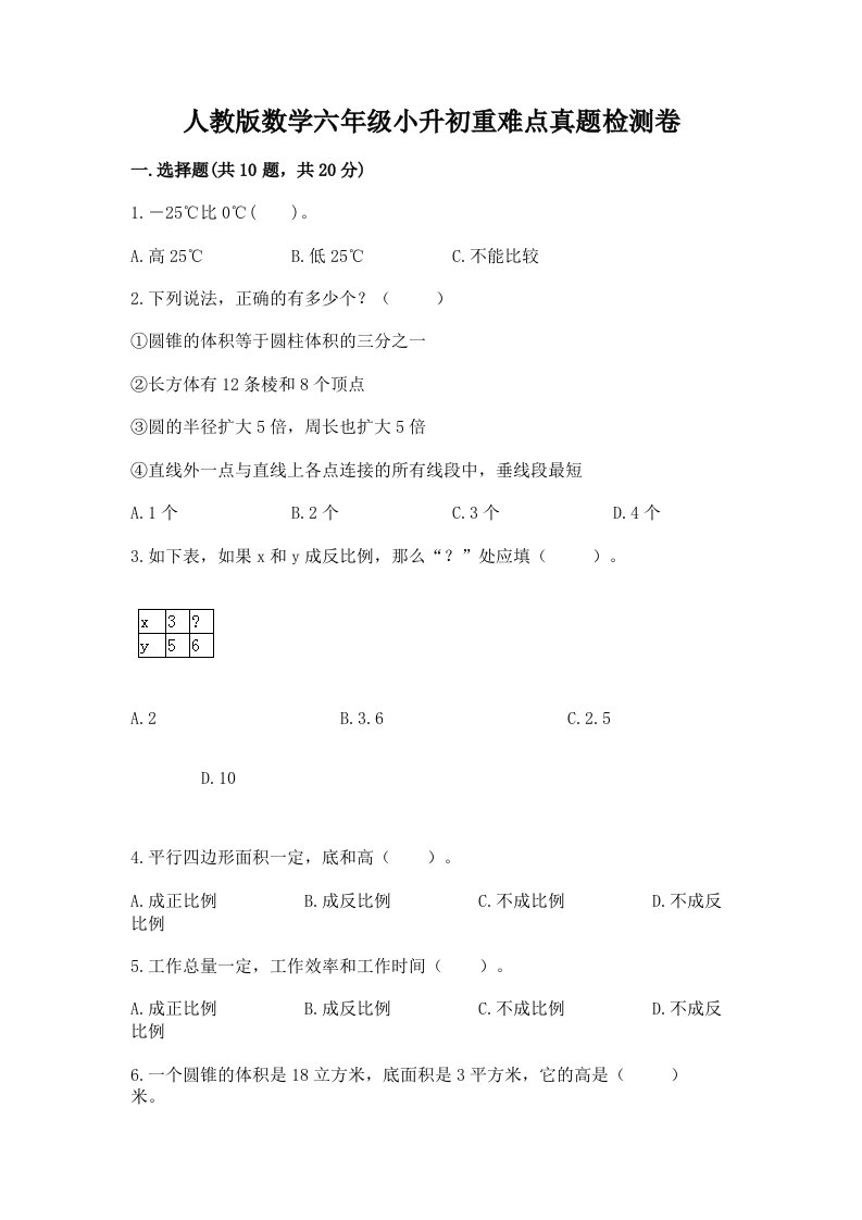 人教版数学六年级小升初重难点真题检测卷【实验班】