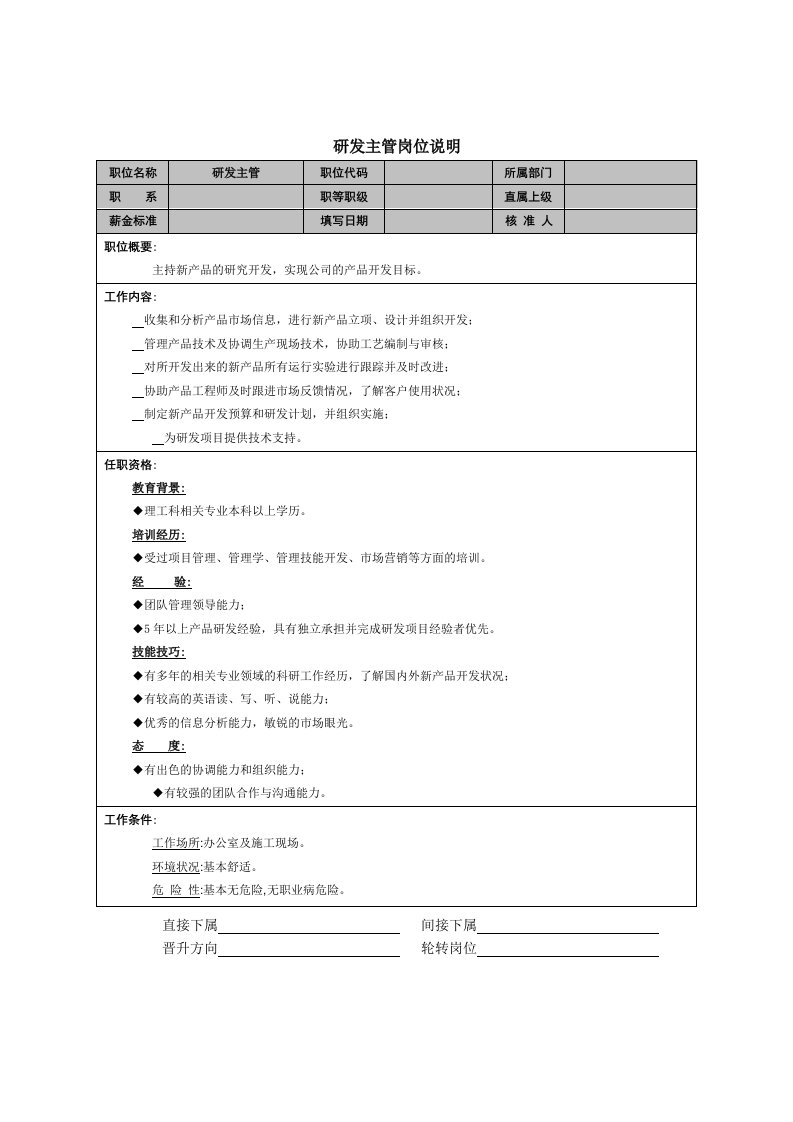 建筑资料-研发主管岗位说明