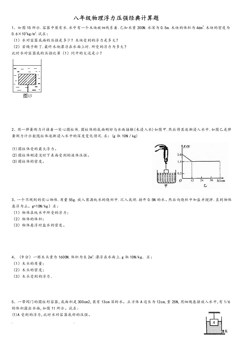 八年级物理浮力压强专题经典计算题（附答案解析)