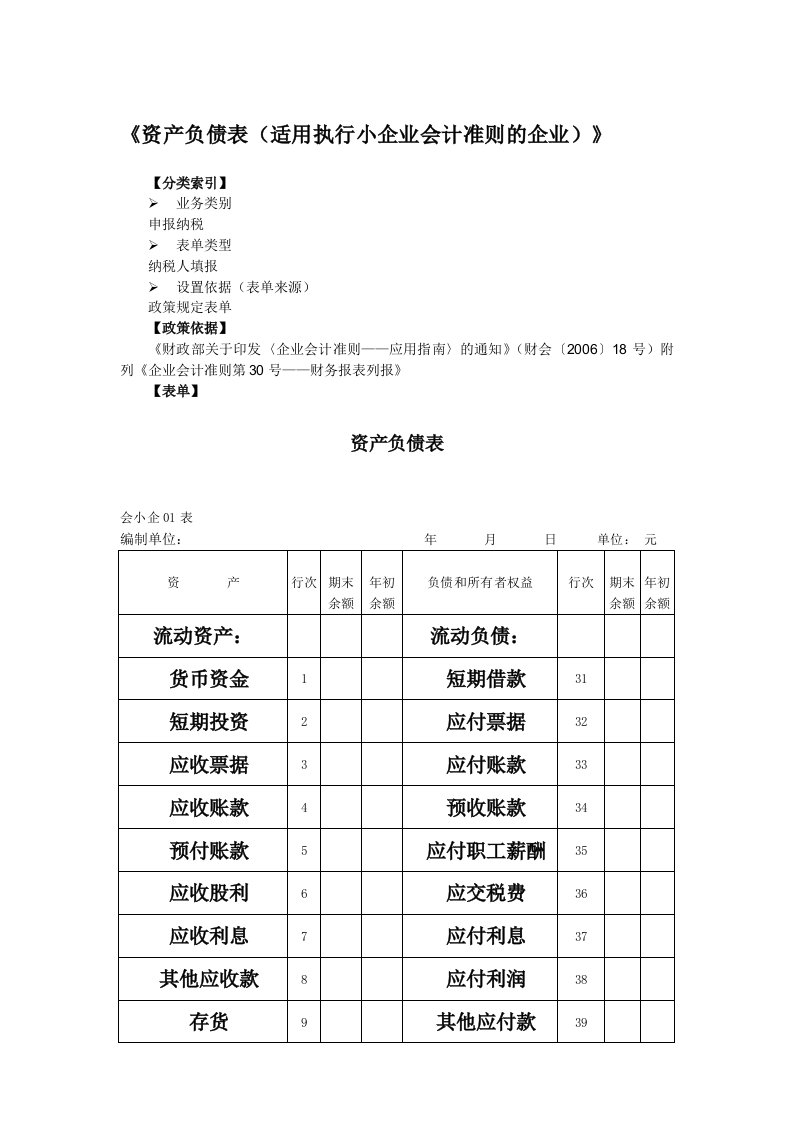 资产负债表适用执行小企业会计准则的企业