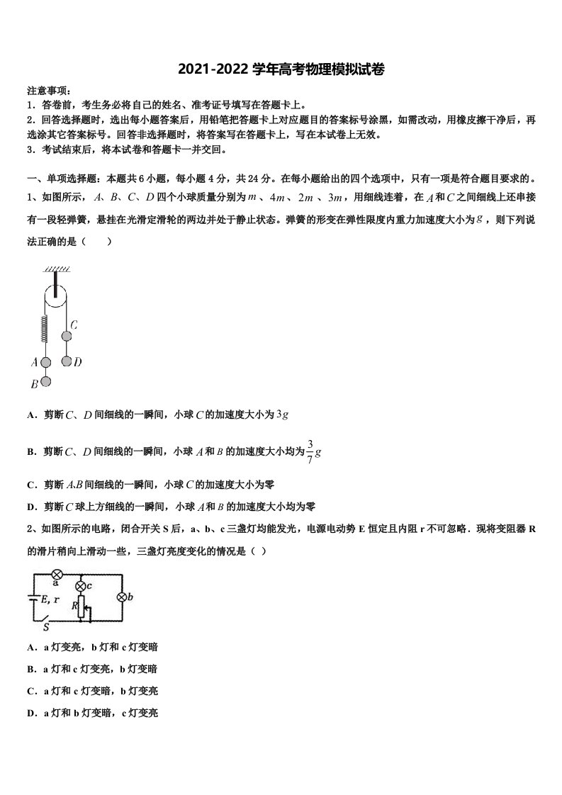 2022年天津市滨海新区高三第一次模拟考试物理试卷含解析