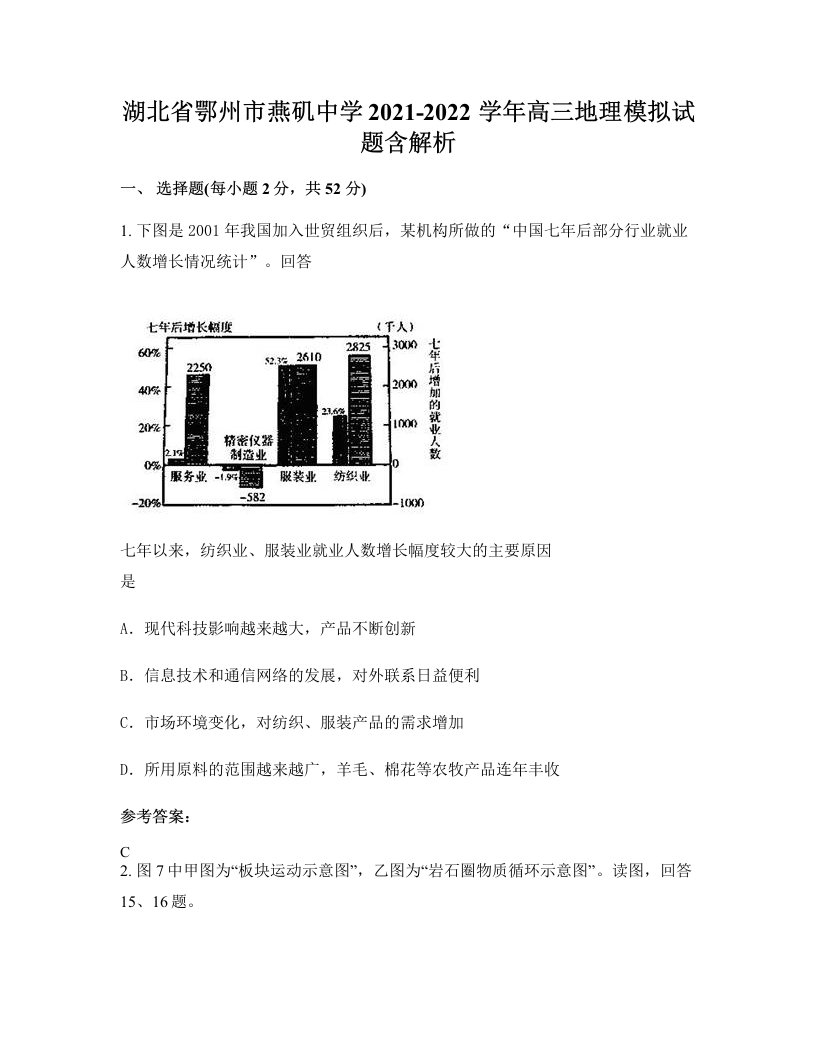 湖北省鄂州市燕矶中学2021-2022学年高三地理模拟试题含解析