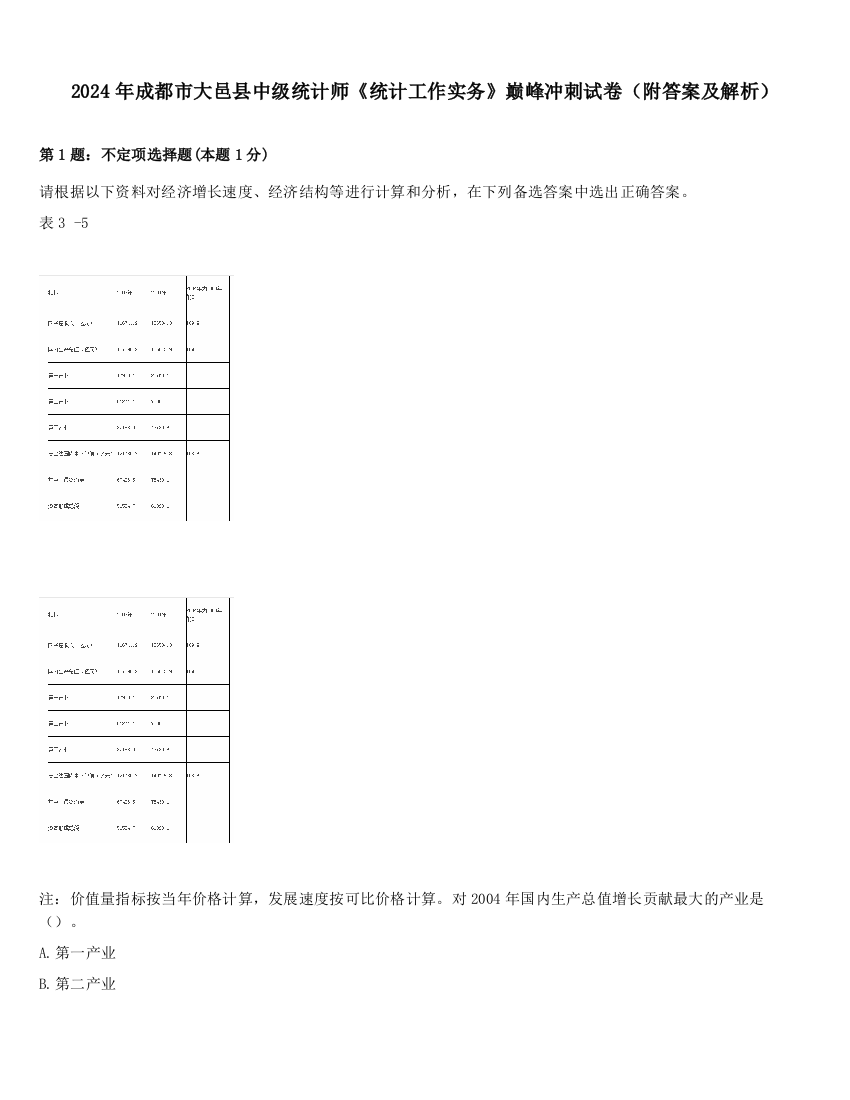 2024年成都市大邑县中级统计师《统计工作实务》巅峰冲刺试卷（附答案及解析）