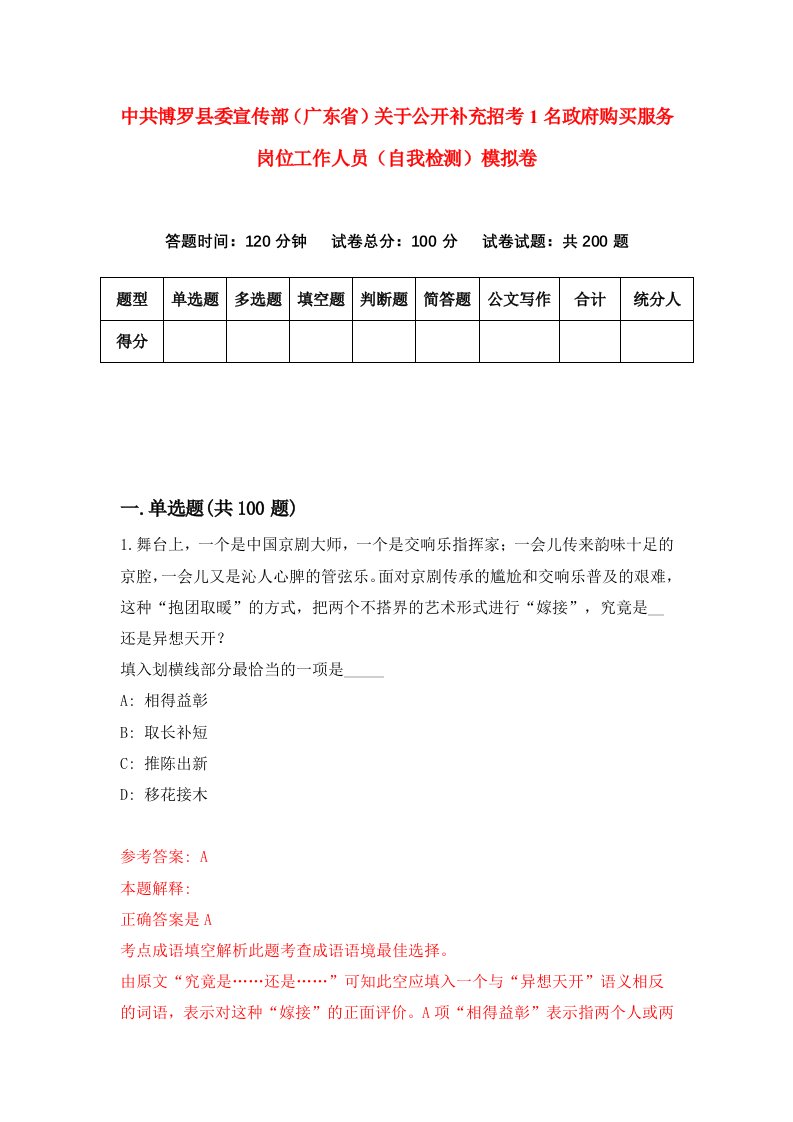 中共博罗县委宣传部广东省关于公开补充招考1名政府购买服务岗位工作人员自我检测模拟卷7