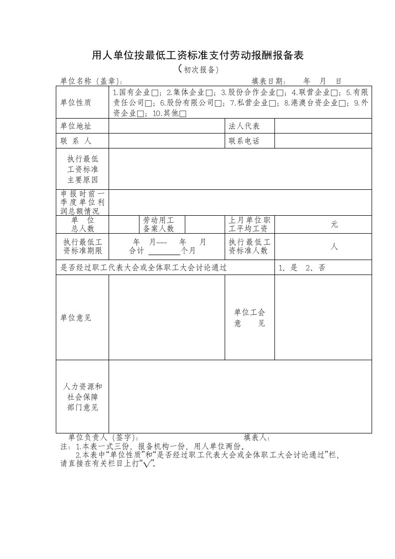 用人单位按最低工资标准支付劳动报酬报备表