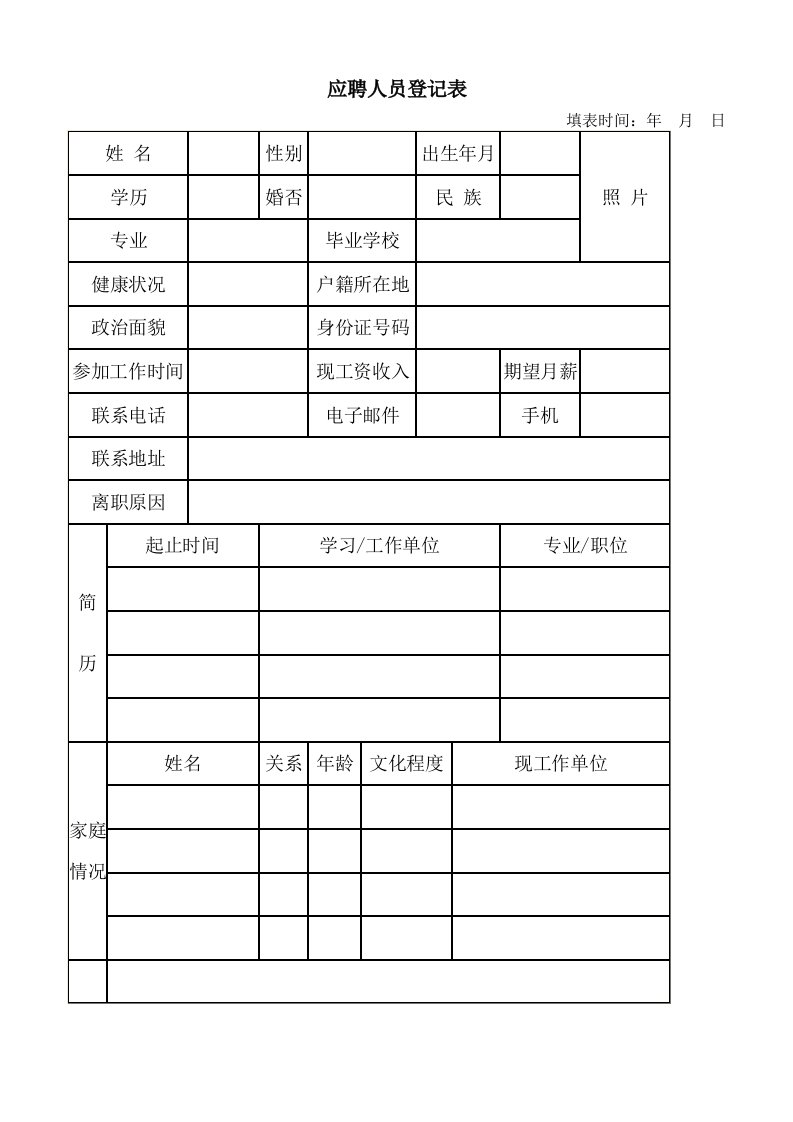 应聘人员登记表储备干部