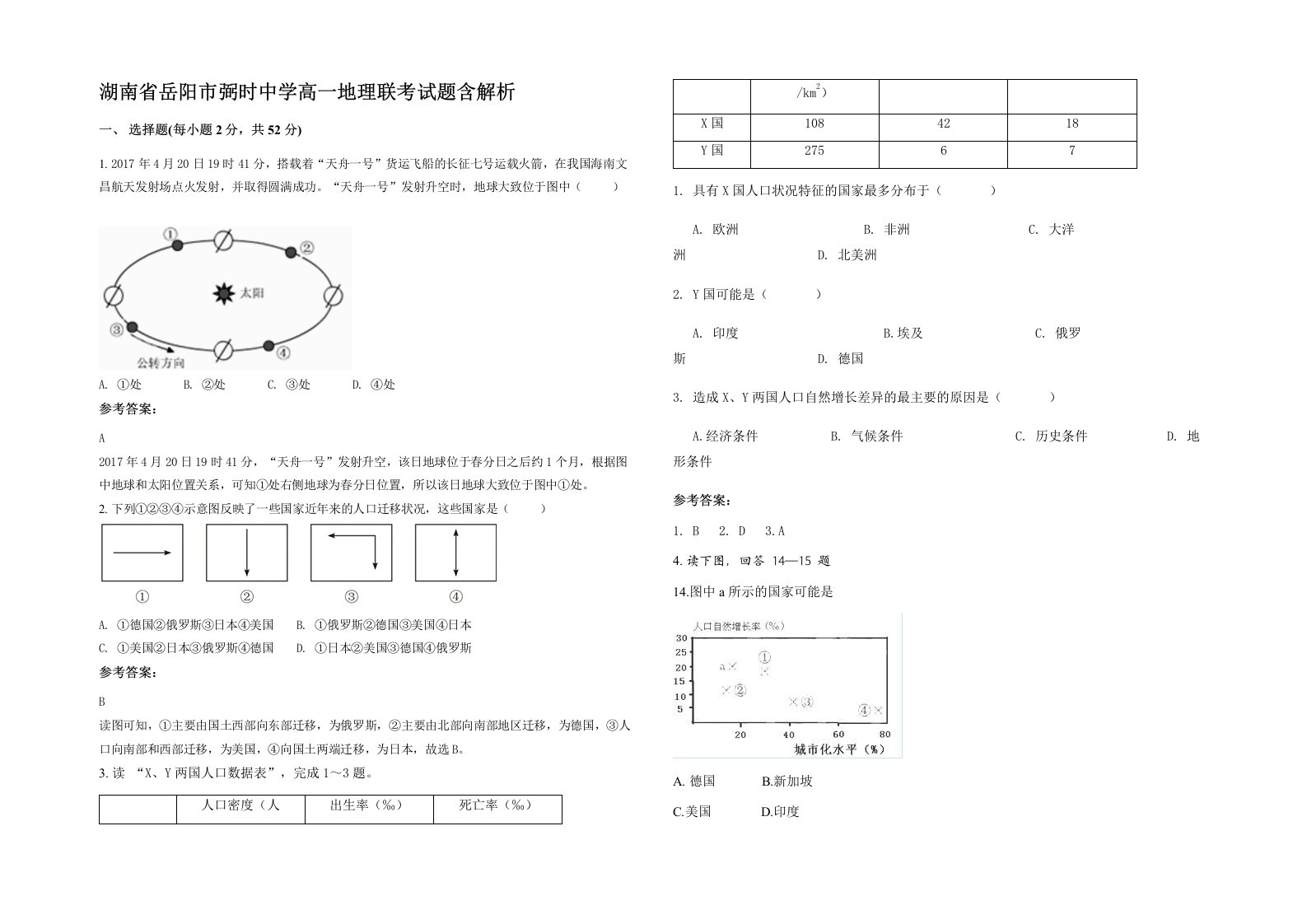 湖南省岳阳市弼时中学高一地理联考试题含解析