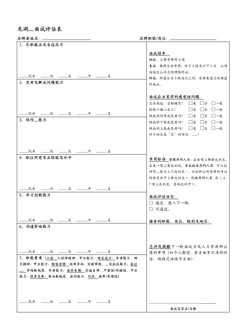 面试评估表及评估标准