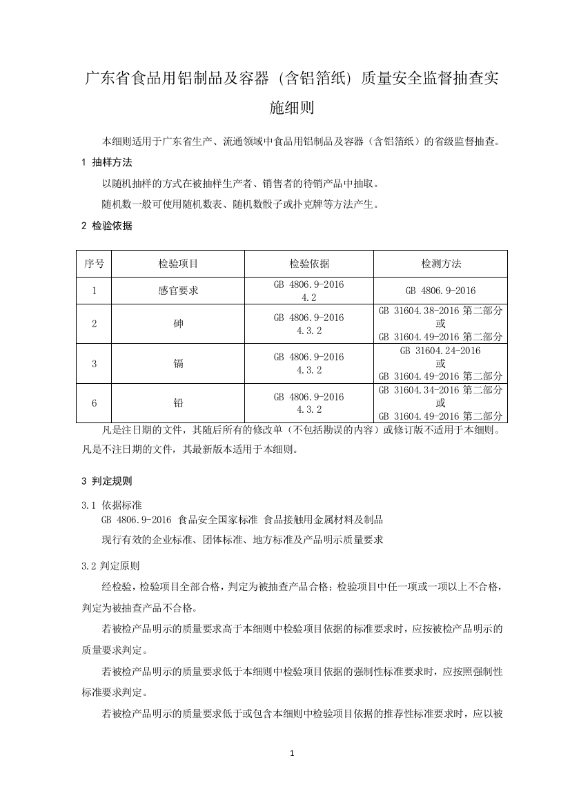 广东省食品用铝制品及容器（含铝箔纸）质量安全监督抽查实施细则