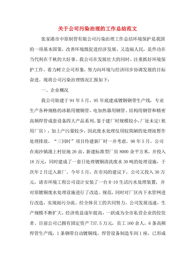 关于公司污染治理的工作总结范文