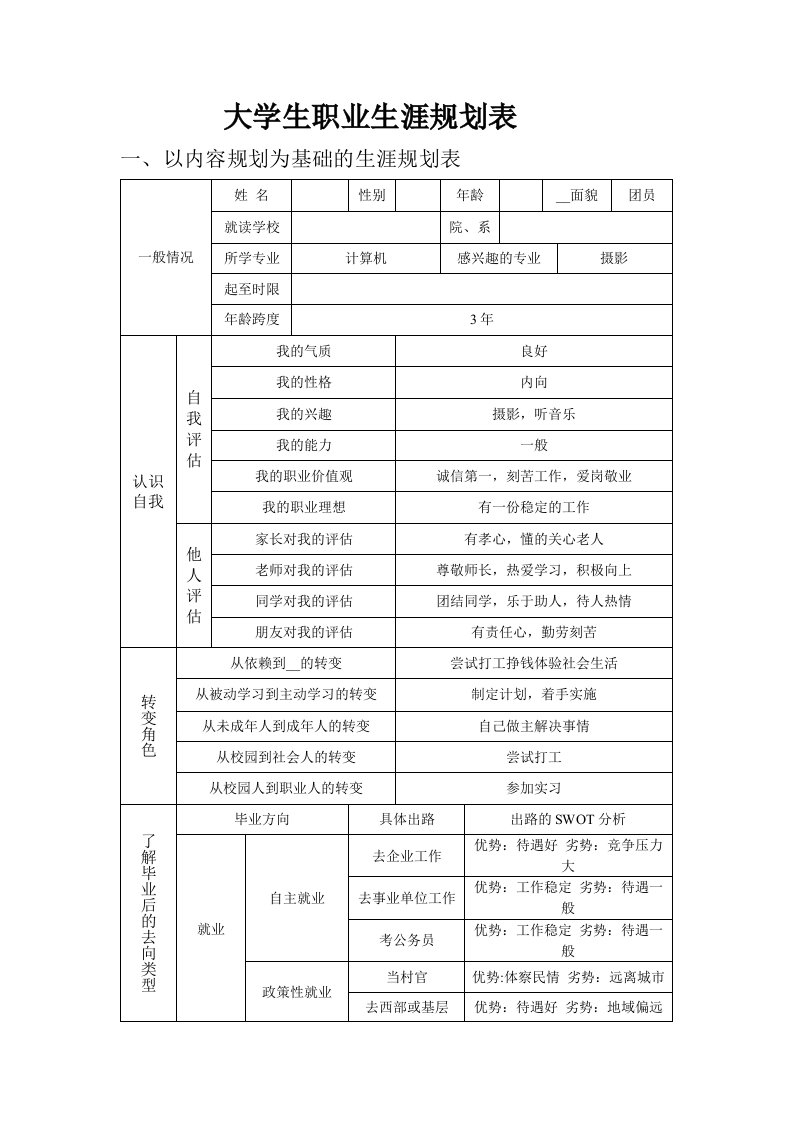 大学生职业生涯规划表