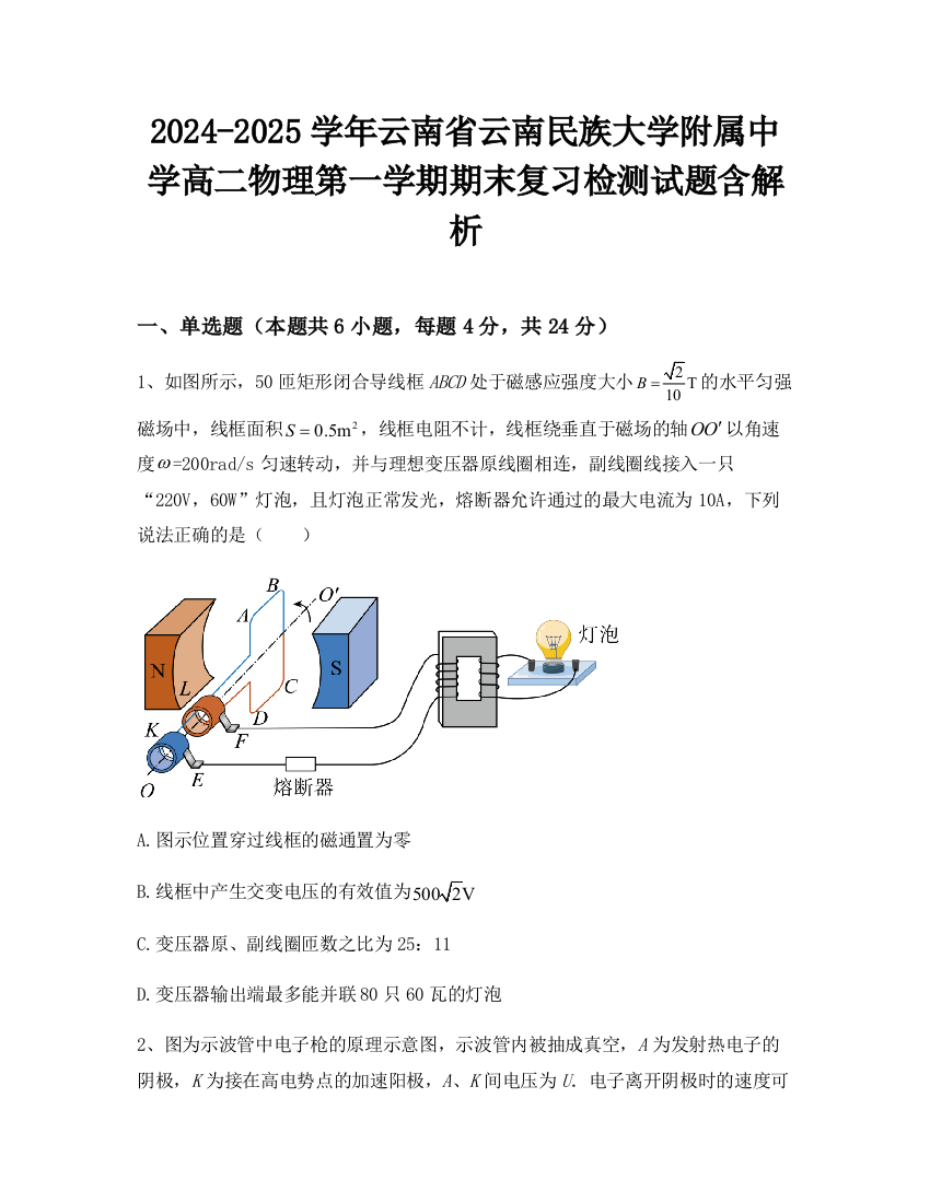 2024-2025学年云南省云南民族大学附属中学高二物理第一学期期末复习检测试题含解析