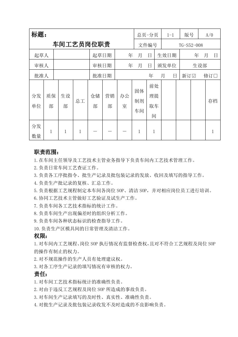 车间工艺员岗位职责