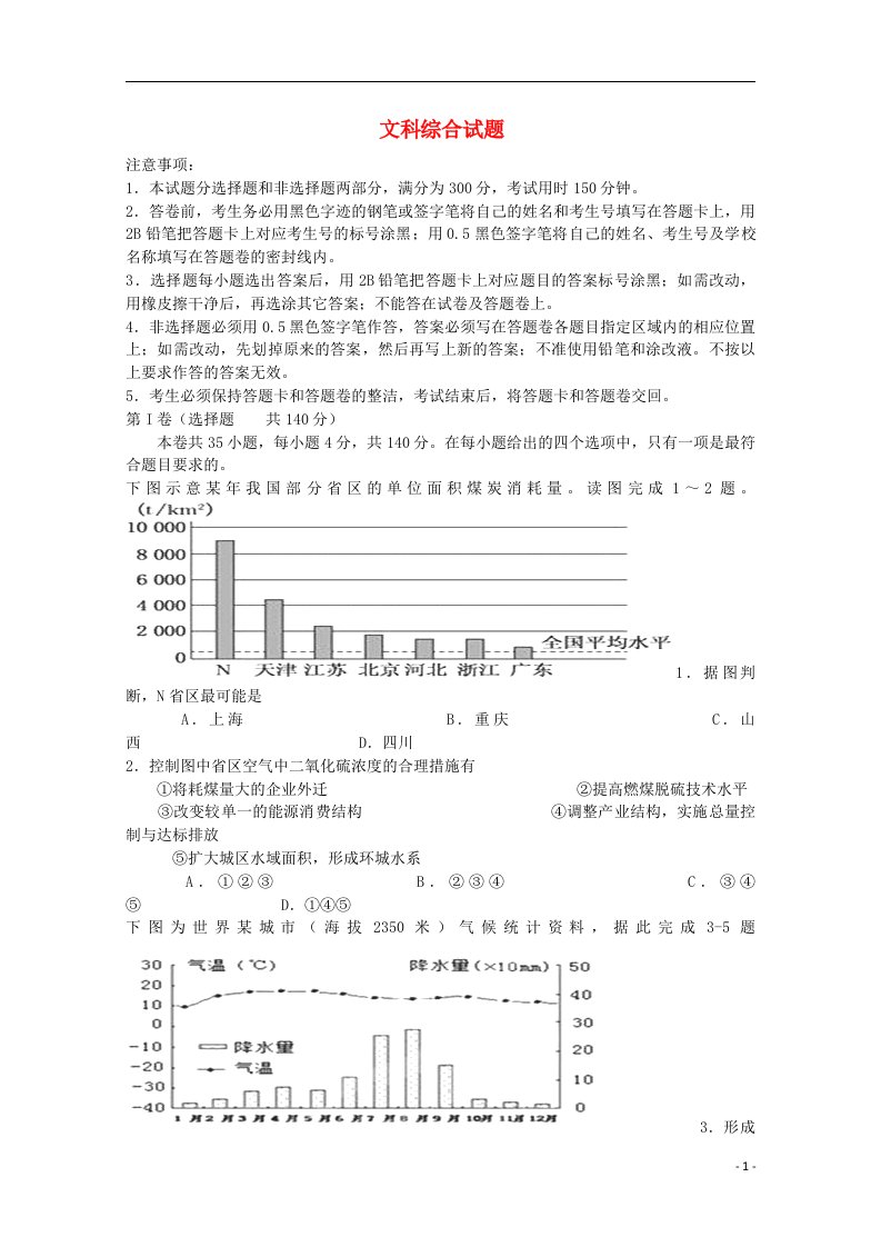 湖南省会同一中高三文综第一次全真模拟试题