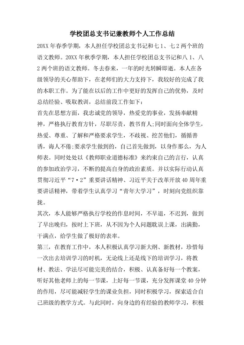 学校团总支书记兼教师个人工作总结