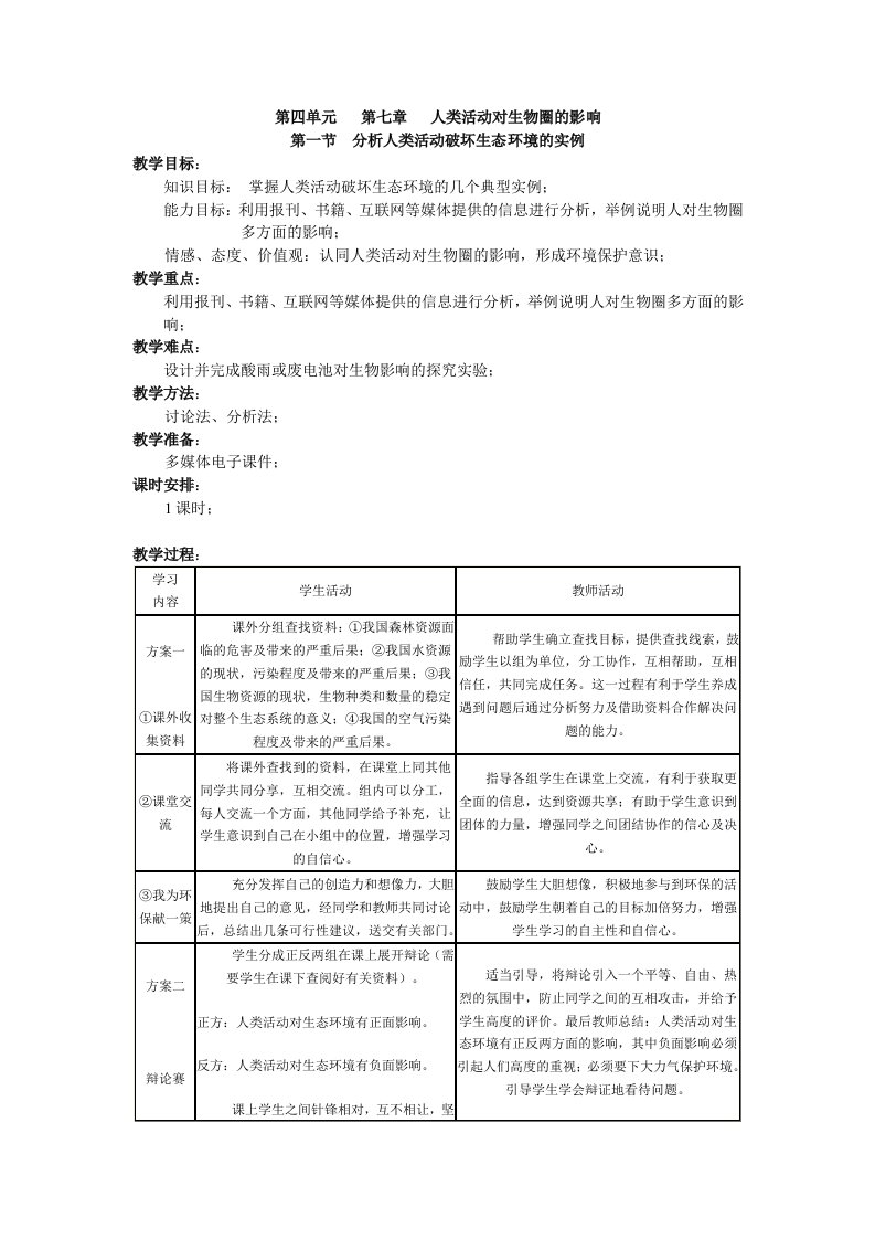 分析人类活动破坏生态环境的实例(生物教案)