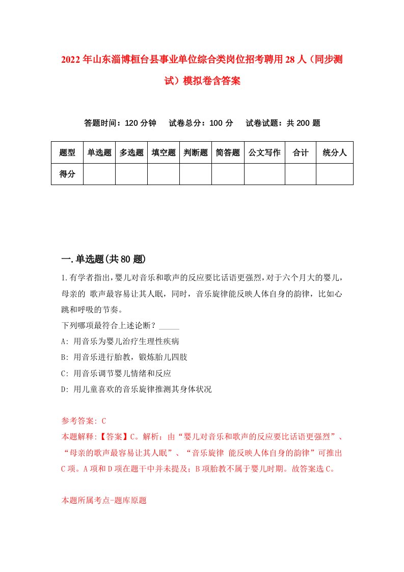 2022年山东淄博桓台县事业单位综合类岗位招考聘用28人同步测试模拟卷含答案7