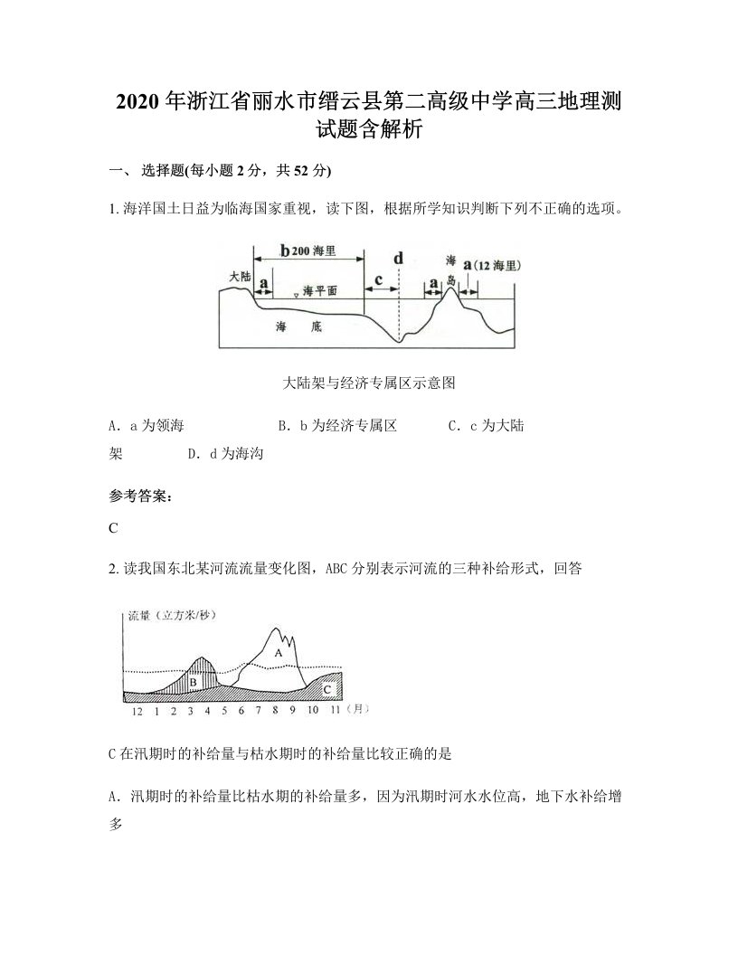 2020年浙江省丽水市缙云县第二高级中学高三地理测试题含解析