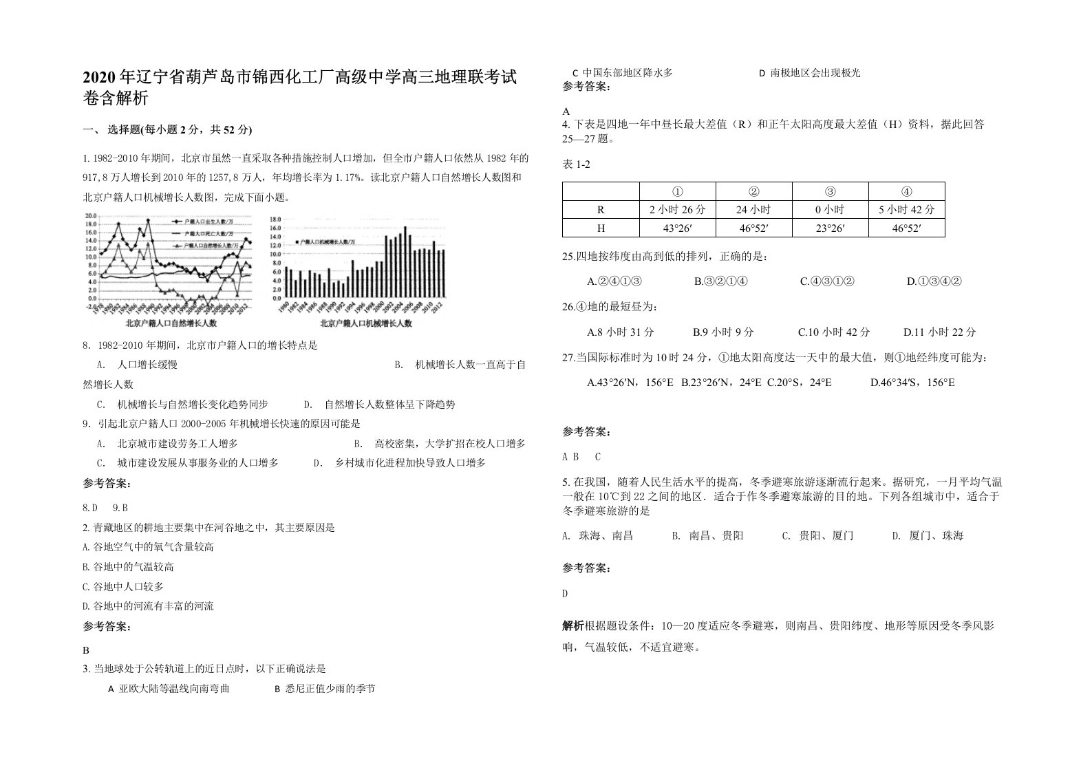 2020年辽宁省葫芦岛市锦西化工厂高级中学高三地理联考试卷含解析