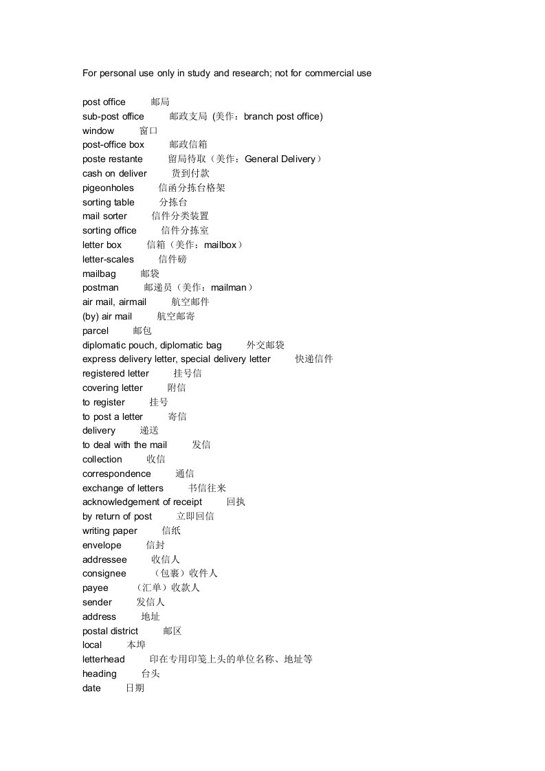 邮政电信英语词汇