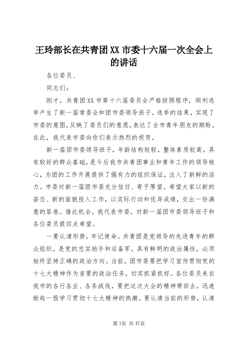 王玲部长在共青团XX市委十六届一次全会上的讲话