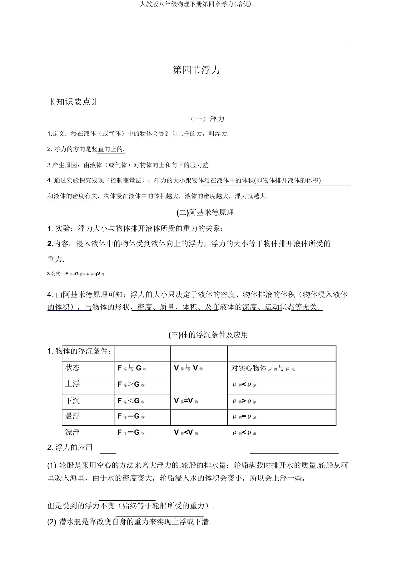 人教版八年级物理下册第四章浮力(培优)