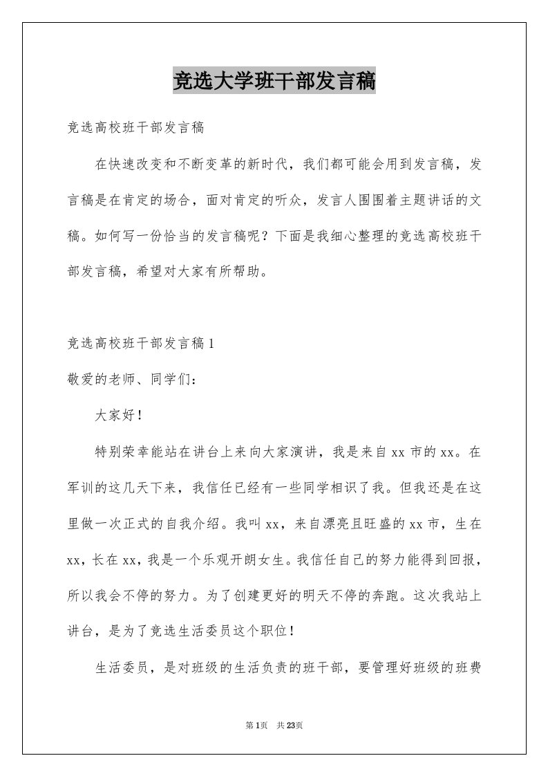 竞选大学班干部发言稿优质