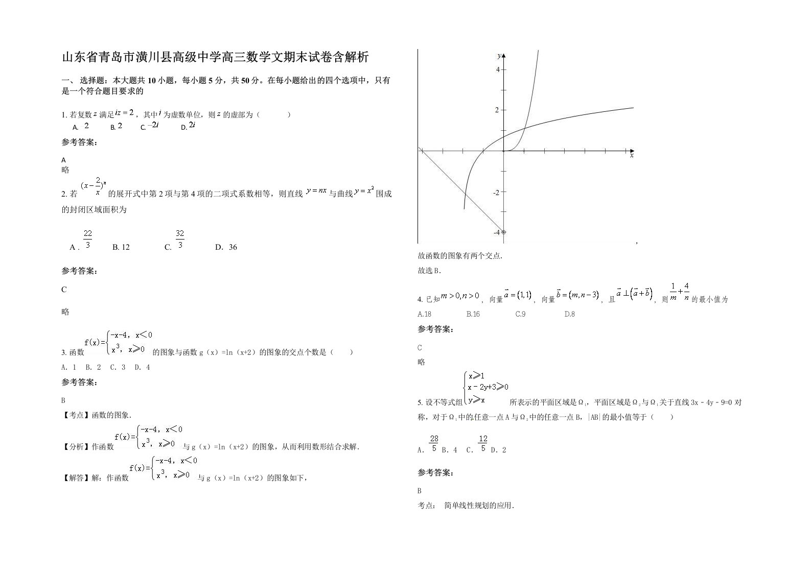 山东省青岛市潢川县高级中学高三数学文期末试卷含解析