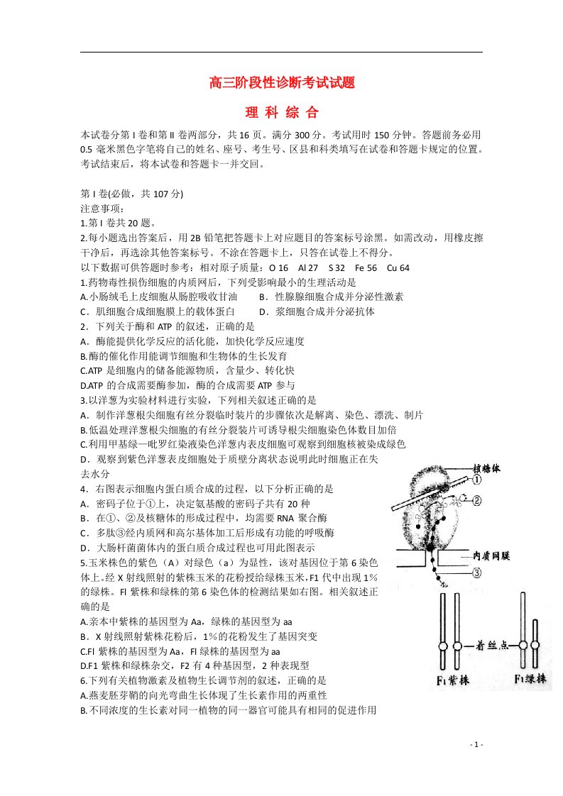 山东省淄博市高三理综5月阶段性诊断考试试题（二模）