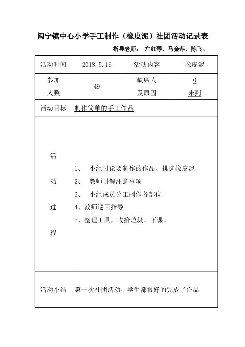 手工制作(橡皮泥)社团活动记录表